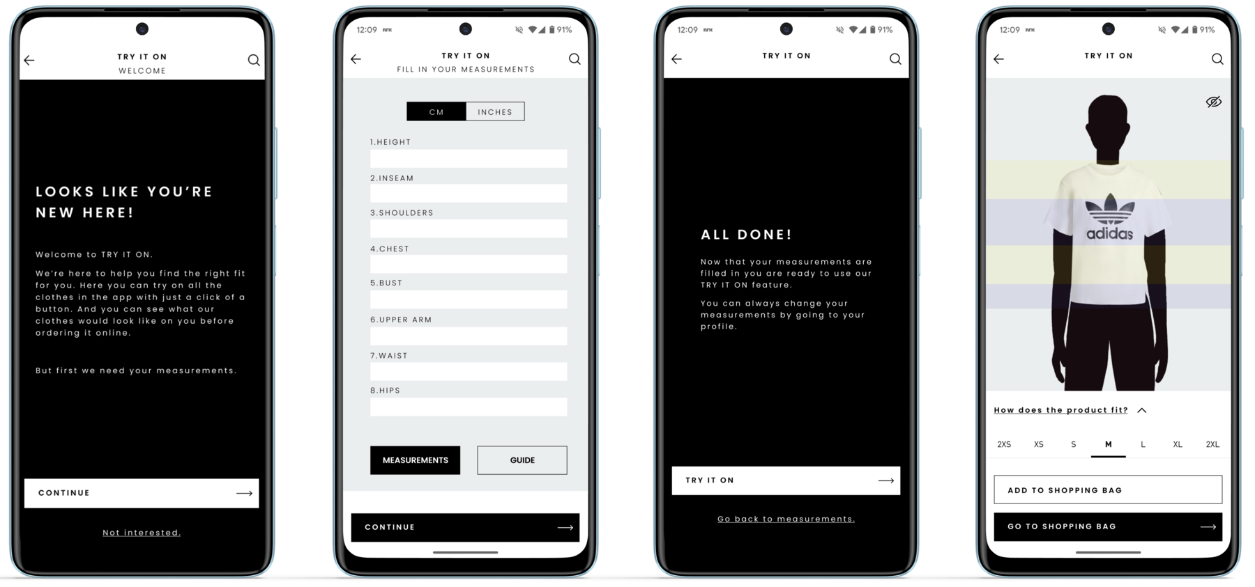 Try it on flow: welcome, measurements form, confirmation, and fit indicator screens