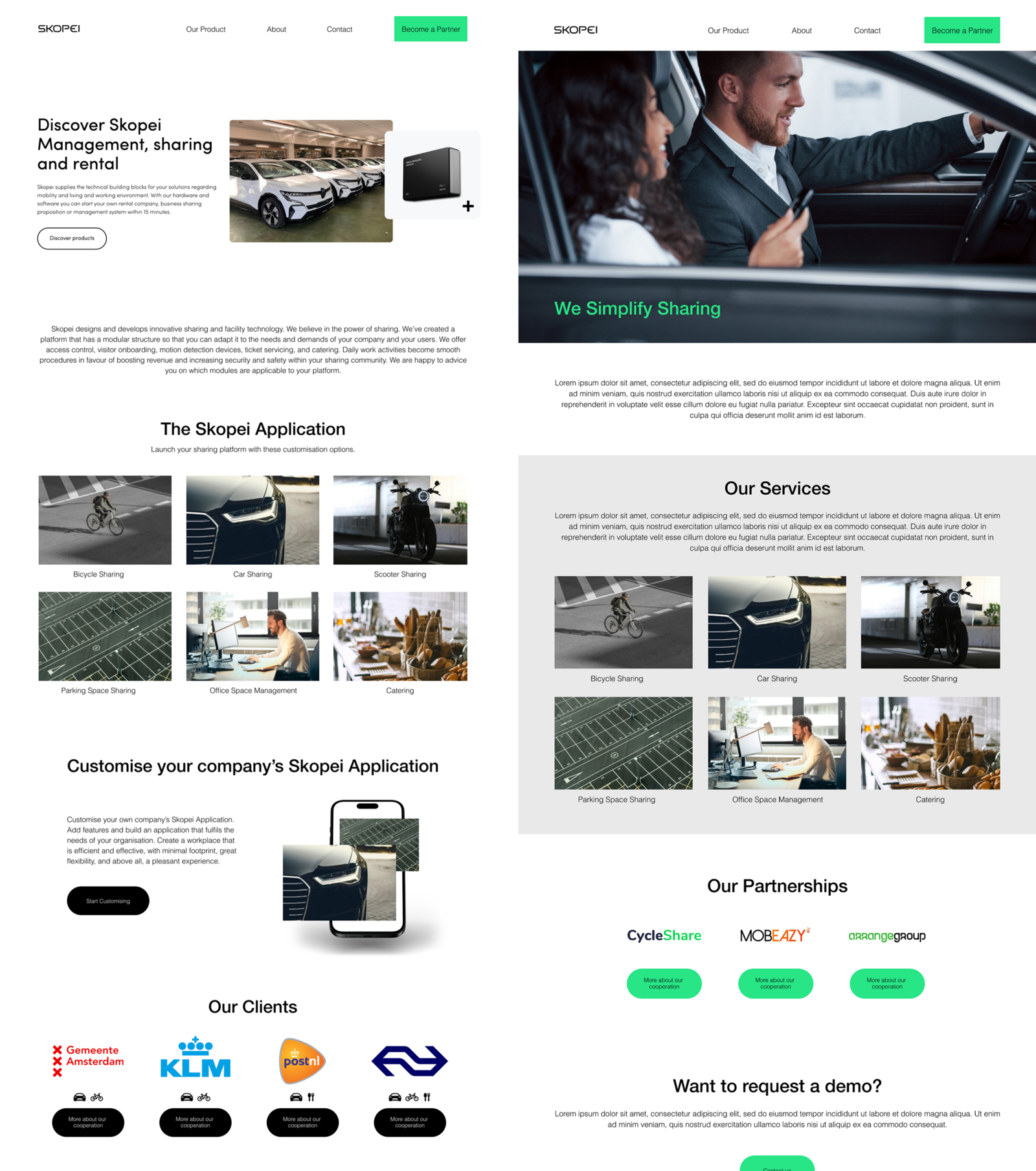 Homepage and services page from the redesigned site, showing client logos and partner cooperation links